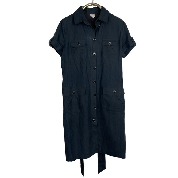 ARMANI COLLEZIONI LINEN BUTTON DOWN BELTED SAFARI STYLE BLACK SHIRT DRESS - Picture 4 of 15